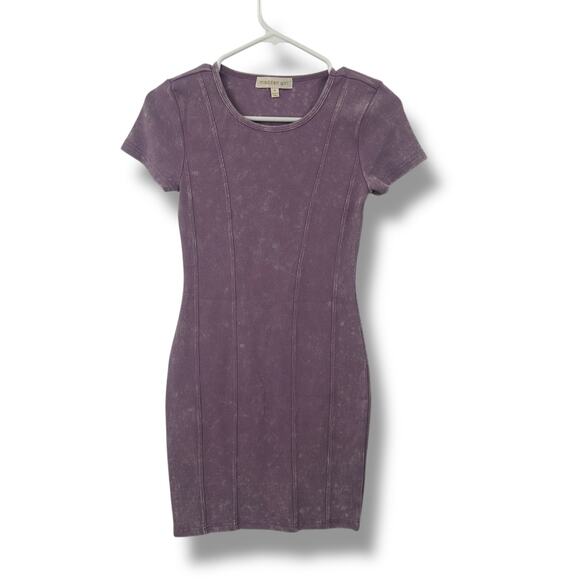 Madden Girl Purple fitted Dress Small ribbed Knit distressed acid wash short slv - Picture 2 of 7
